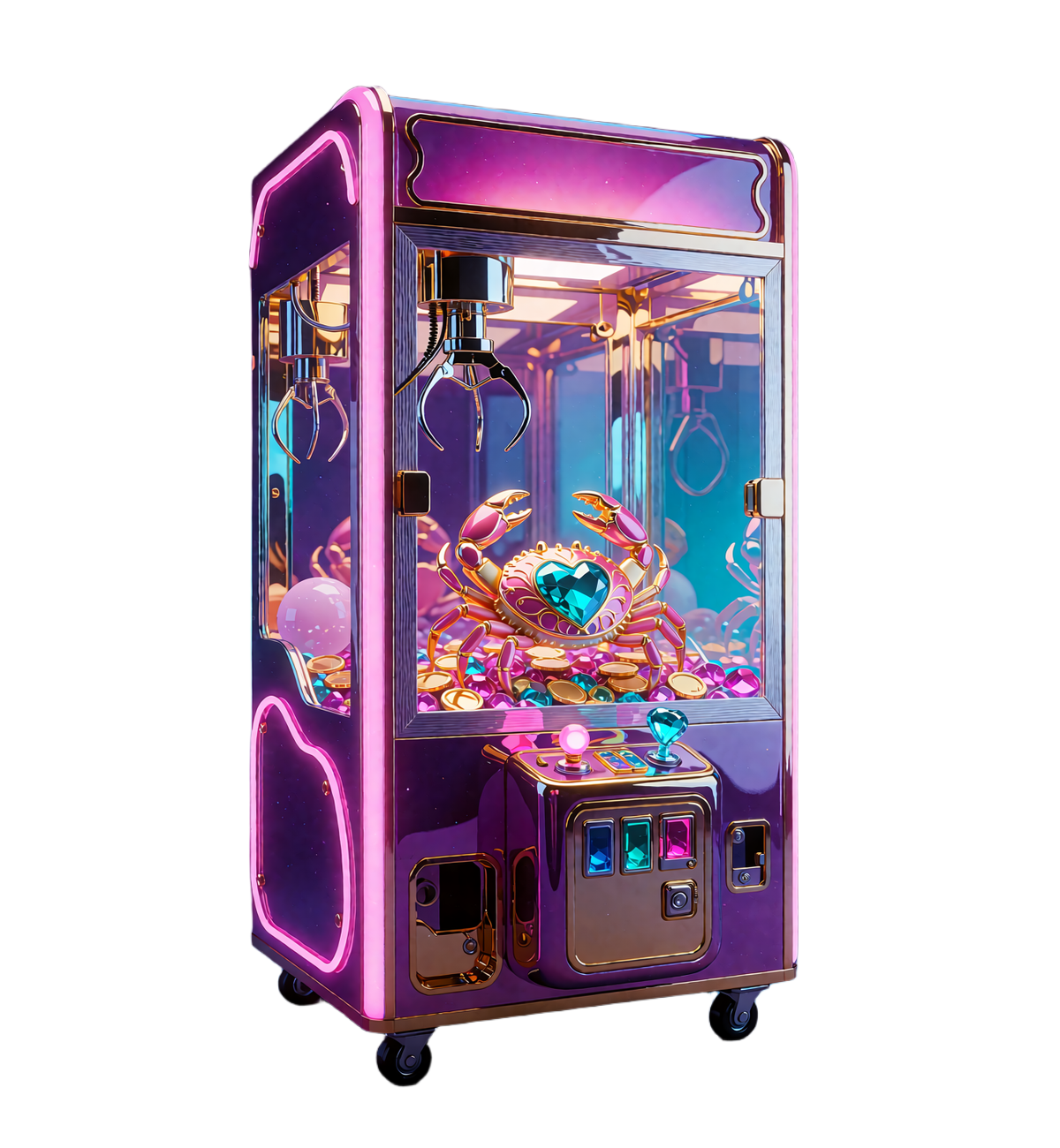 Glansowna maszyna typu claw-machine z chromowanym szponem sięgającym po klejnotowego kraba - mechanika Bonus Crab.