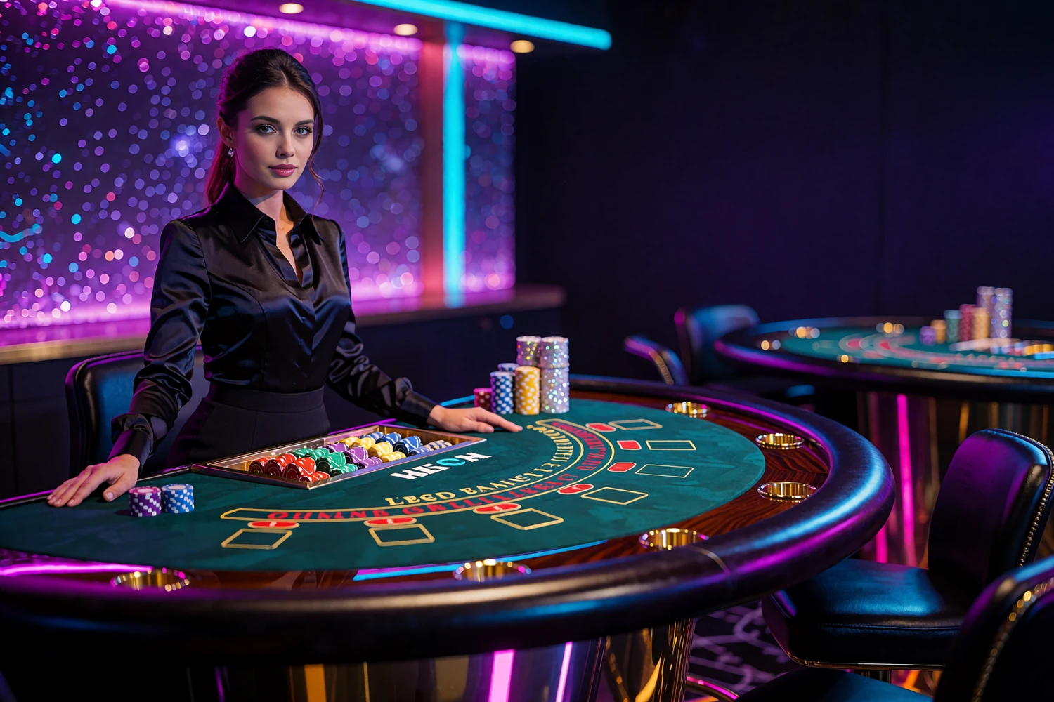 Krupierka przy stole blackjacka w studio kasyna na żywo OnlySpins, otoczona fioletowo-r&oacute;żowym neonowym światłem.